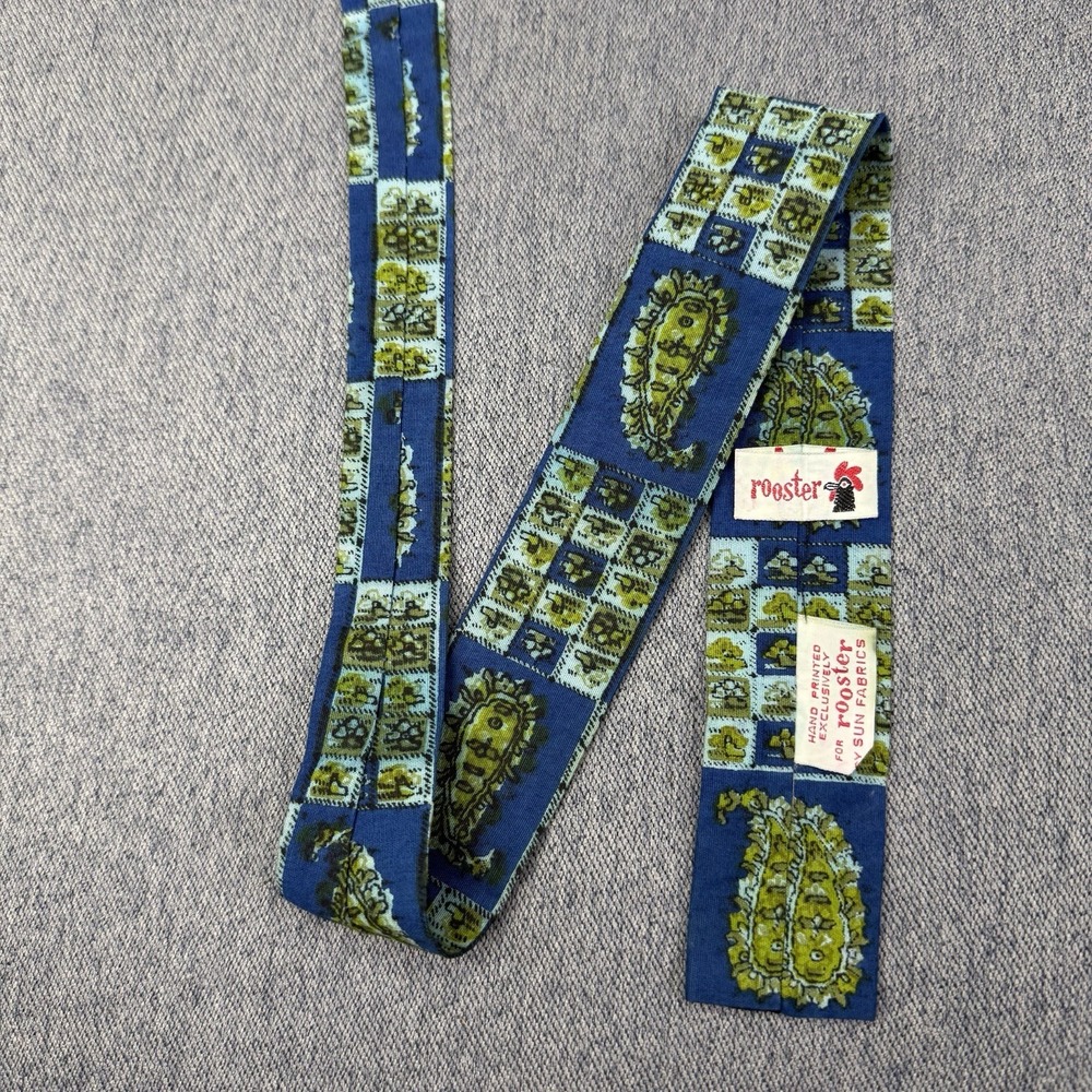 Rooster Square Tie Paisley Blue Green True Vintage 60s 70s Sun Fabrics Skinny